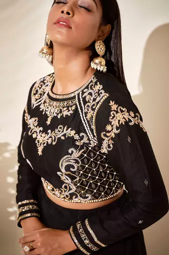 Black tussar silk and crepe drape skirt set