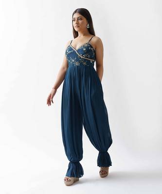 Teal blue georgette jumpsuit 5