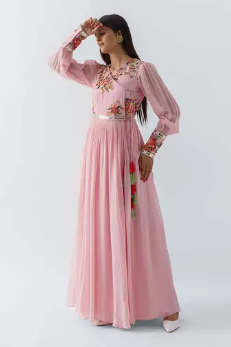 Blush pink satin silk and georgette crepe dress