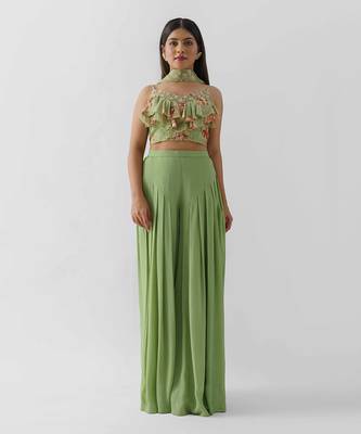 Green georgette crepe flared pant set 1