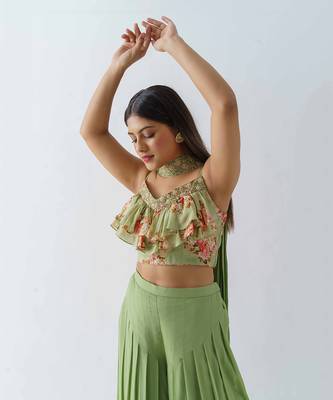Green georgette crepe flared pant set 3