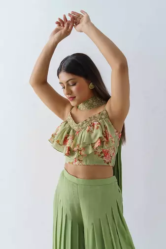 Green georgette crepe flared pant set