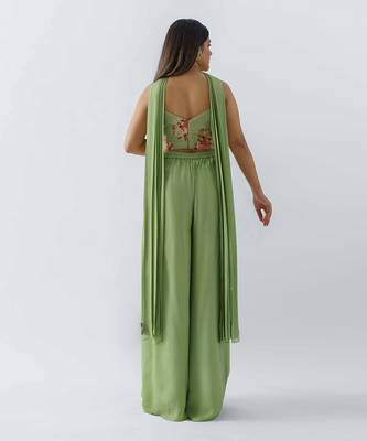 Green georgette crepe flared pant set 4