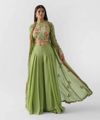 Green crepe flared jacket set 1