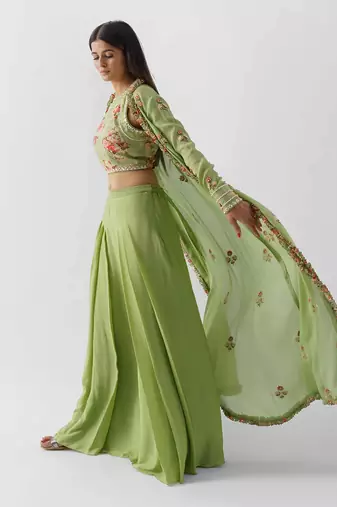 Green crepe flared jacket set