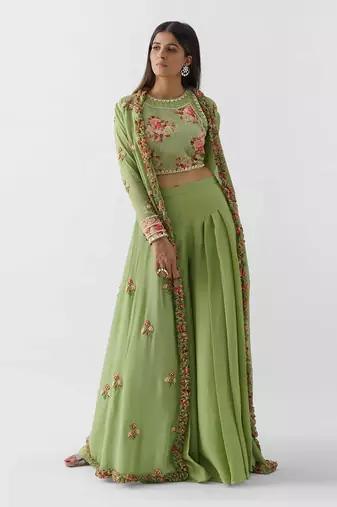 Green crepe flared jacket set