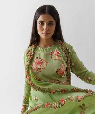 Green crepe flared jacket set 5