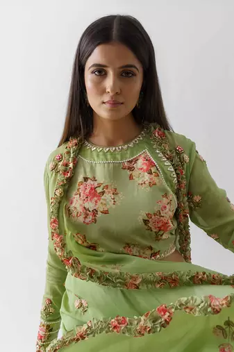 Green crepe flared jacket set