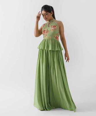 Green crepe and georgette crepe flared pant set 1