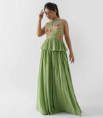Green crepe and georgette crepe flared pant set