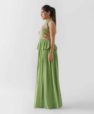 Green crepe and georgette crepe flared pant set 2