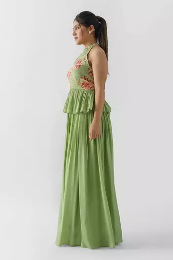 Green crepe and georgette crepe flared pant set