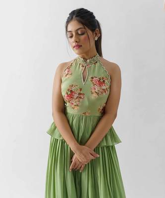 Green crepe and georgette crepe flared pant set 3