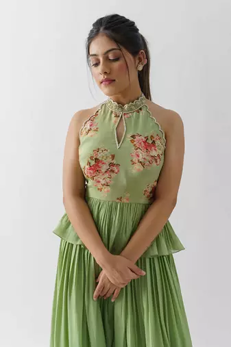 Green crepe and georgette crepe flared pant set