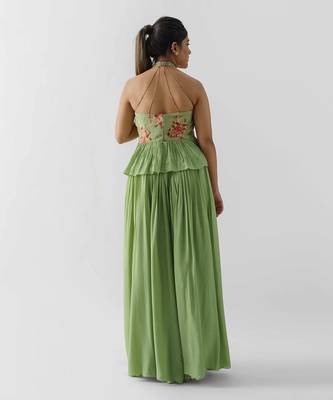 Green crepe and georgette crepe flared pant set 4