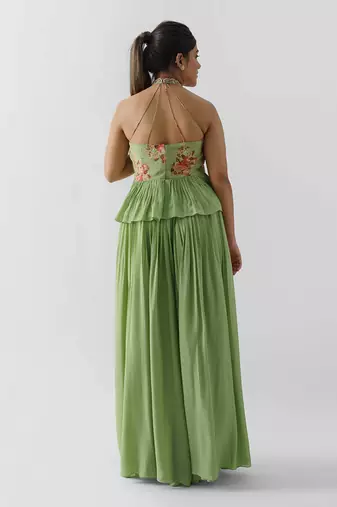 Green crepe and georgette crepe flared pant set