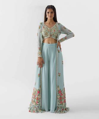 Light blue georgette flared pant jacket set 1
