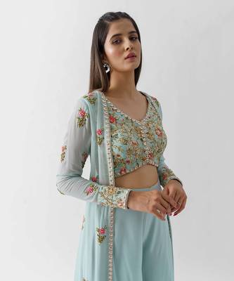 Light blue georgette flared pant jacket set 4