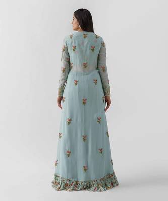Light blue georgette flared pant jacket set 5