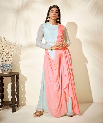Sea green and pink drape dress 1