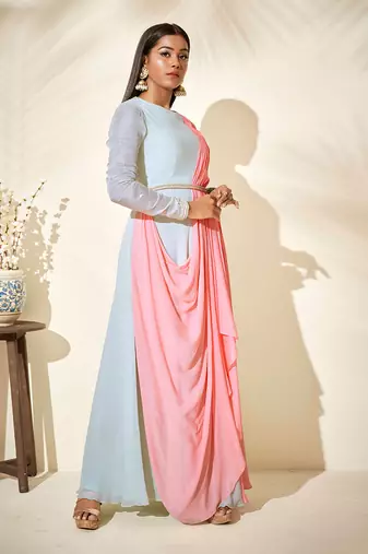 Sea green and pink drape dress