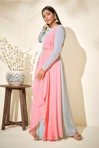 Sea green and pink drape dress