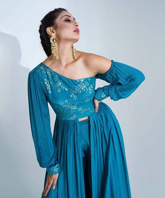 Blue georgette crepe flared pant 1