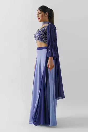 Purple and lilac georgette crepe drape skirt set