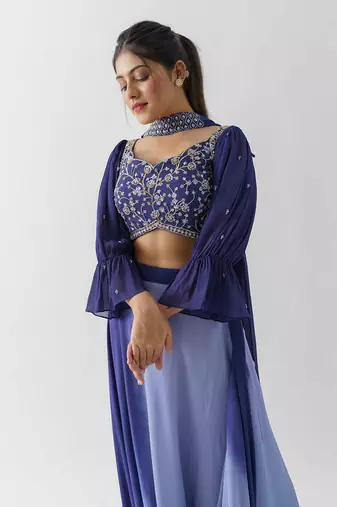 Purple and lilac georgette crepe drape skirt set