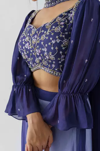 Purple and lilac georgette crepe drape skirt set