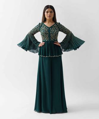 Bottle green flared pant set 1