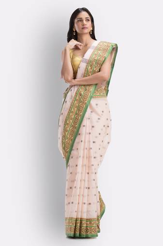 Bengal Cotton Peach Tangail Tant Saree Without Blouse