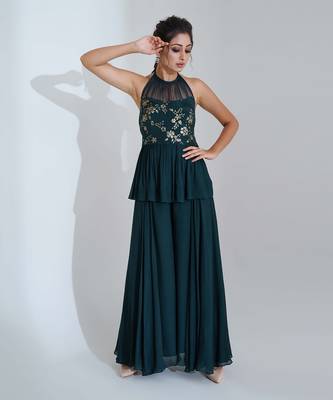 Green georgette crepe and net pant set 1