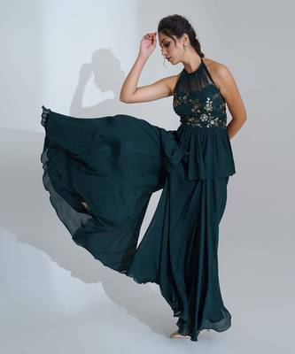 Green georgette crepe and net pant set 2