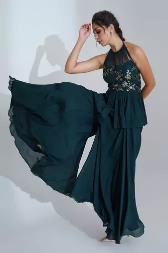 Green georgette crepe and net pant set