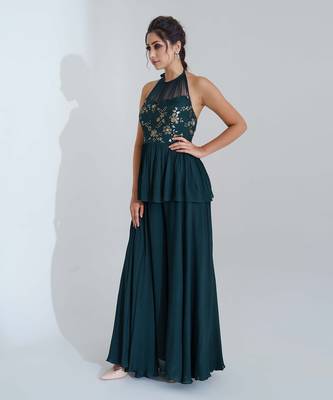 Green georgette crepe and net pant set 3