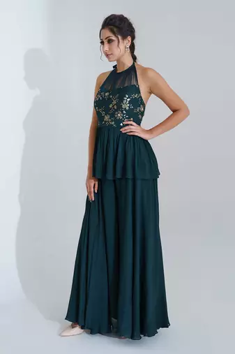 Green georgette crepe and net pant set