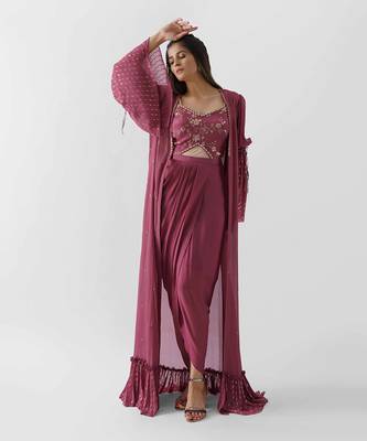 Mauve georgette crepe jacket set 1