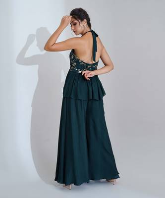 Green georgette crepe and net pant set 5