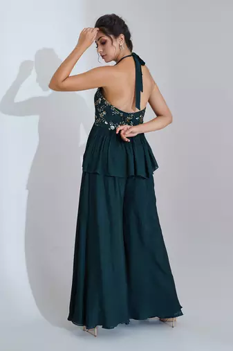 Green georgette crepe and net pant set