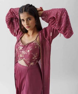Mauve georgette crepe jacket set 4