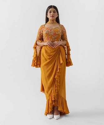 Mustard yellow drape skirt set 1