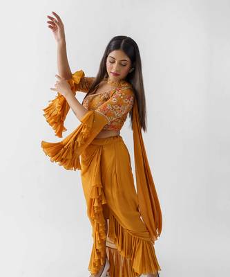 Mustard yellow drape skirt set 3