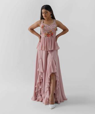 Pink crepe flared pant set 1