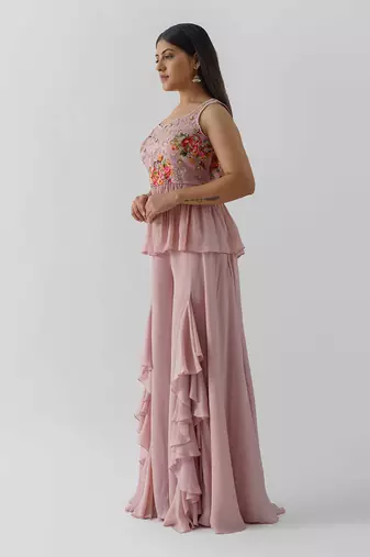 Pink crepe flared pant set