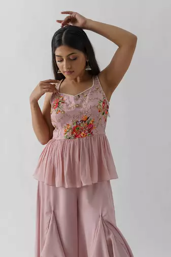 Pink crepe flared pant set