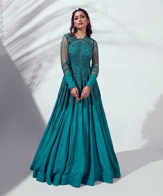 Teal green georgette crepe gown 1