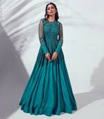 Teal green georgette crepe gown