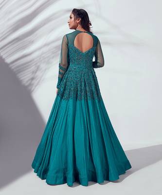 Teal green georgette crepe gown 2