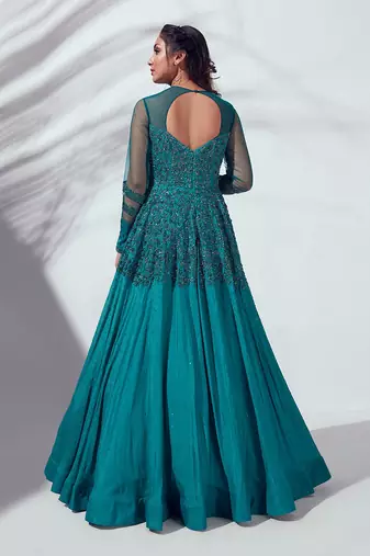 Teal green georgette crepe gown